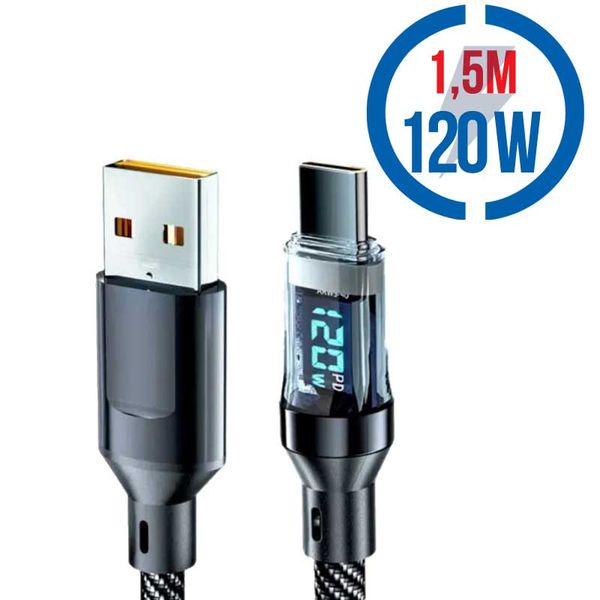 MEGATECH Kabel USB-A/USB-C, Displ, 120W, 1.5m, černý