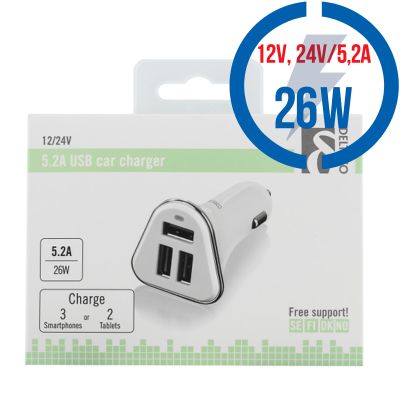 DELTACO USB-CAR102, Autonabíječka 3x USB 2.0, bílá