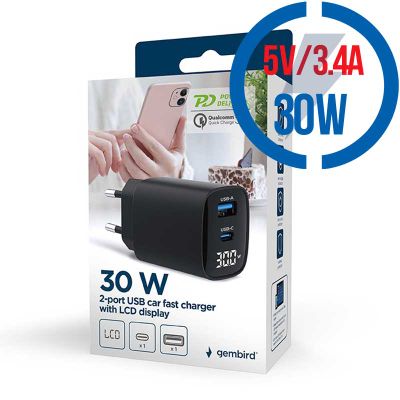 GEMBIRD Nabíječka, USB/USB-C, 30W, černá