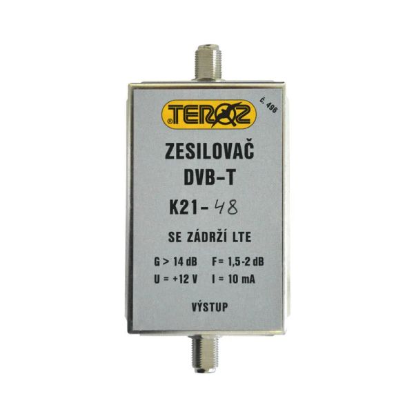 Anténní zesilovač TEROZ 496X, UHF K21 až 48, filtr 5G, LTE, GSM, G14dB, F2dB, U95dBµV, F-F