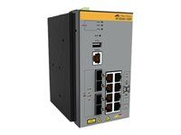 Allied Telesis AT IE340-12GP/C - Prepínac - konformní povlak - L3 - rízený - 8 x 10/100/1000 (PoE+) + 4 x gigabitu SFP - lze montovat na konzolu DIN, pro pripevnení na zed - PoE+ (240 W) - kompatibilní s TAA - pro P/N: AT-VT-KIT3