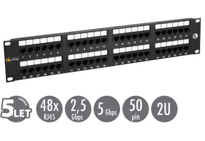 19" patch panel Solarix 48 x RJ45 CAT5E UTP 150 MHz černý 2U SX48-5E-UTP-BK