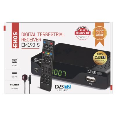 DVB-T2 přijímač em 190-s hd (hevc H265)