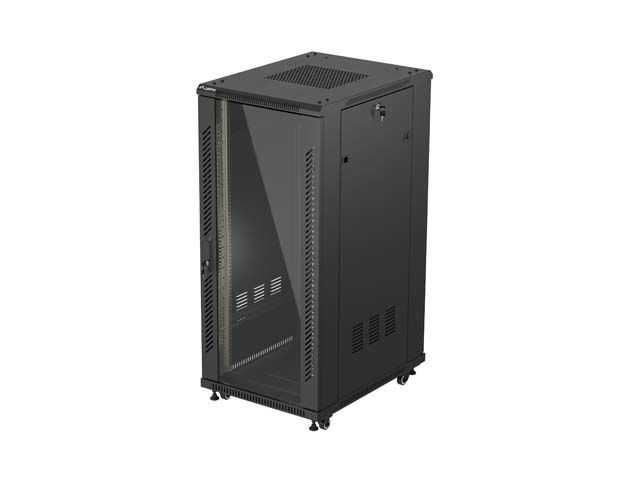 19" Volně stojící racková skříň 27u/600x800 (flat pack) s prosklenými dveřmi černá lanberg