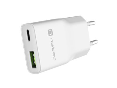 Univerzální USB nabíječka Natec RIBERA GaN SLIM, 20 W, 1X USB-A + 1X USB-C, Bílá