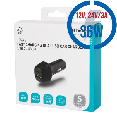 DELTACO USBC-CAR120, Autonabíječka 1x USB-C/USB-A