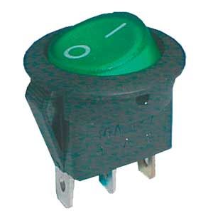Přepínač kolébkový kulatý prům. 2pol./3pin ON-OFF 16A/12VDC zelený