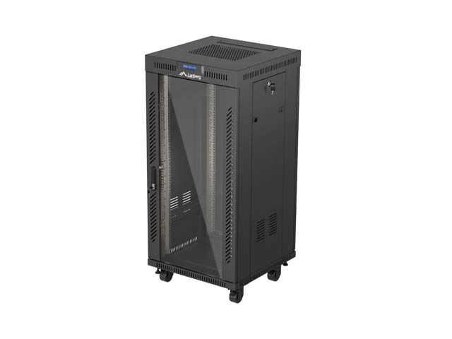 19" Volně stojící racková skříň 24U 600X600 černé skleněné dveře lcd lanberg (flat pack) V2