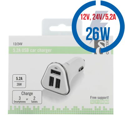 DELTACO USB-CAR102, Autonabíječka 3x USB 2.0, bílá
