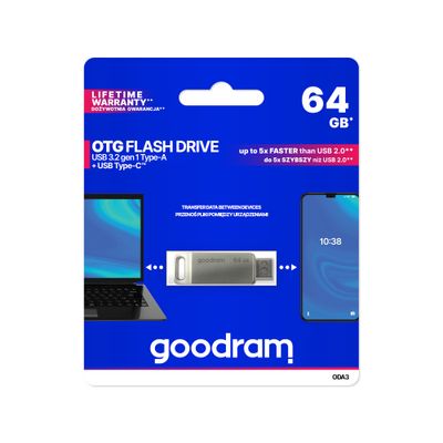 GOODRAM USB + USB C 64GB flash disk stříbrný