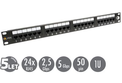 19" patch panel Solarix 24 x RJ45 CAT6 UTP 350 MHz černý 1U SX24-6-UTP-BK