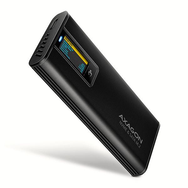 AXAGON EEM2-SD2B, USB-C 10Gbps externí box s displejem pro M.2 NVMe/SATA SSD, bezšroubkový, černý