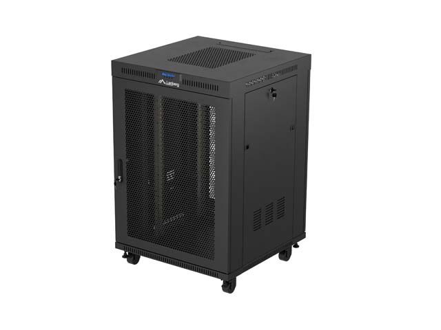 19" Volně stojící racková skříň 22u/800x800 (flat pack) černá s prosklenými dveřmi lcd lanberg V2