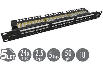19" patch panel Solarix 24 x RJ45 CAT6 UTP s vyvazovací lištou 1U SX24L-6-UTP-BK-N