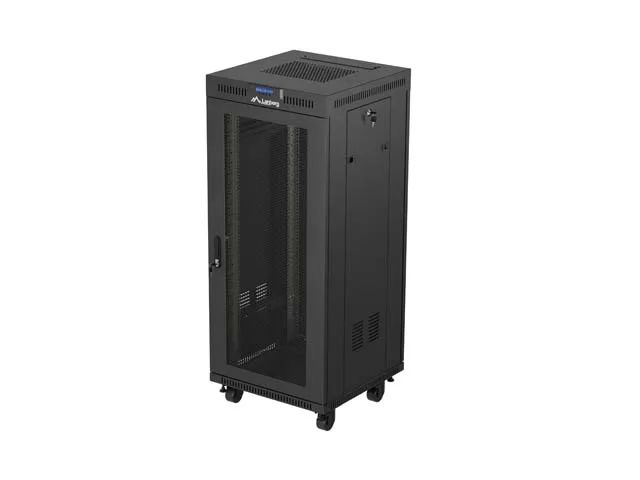 19" Volně stojící racková skříň 27u/600x600 (flat pack) se síťovanými dveřmi lcd černá lanberg V2