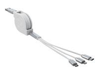 Kabel Lightning - USB s piny (male) do Micro USB typ B, Lightning, USB-C s piny (male) - 98 cm - bílá - vysunutelný, plochý