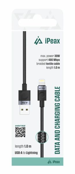 Textilný kábel usb-a / lightning 1M, usb 2.0 čierny