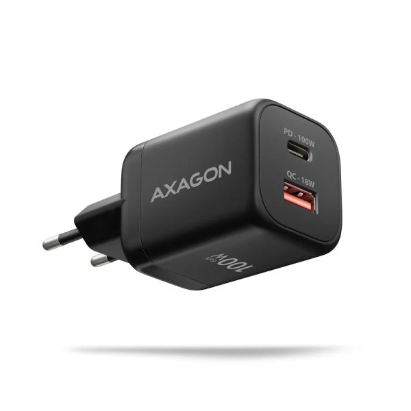 AXAGON ACU-PQ100, GaN nabíjačka do siete 100W, USB-A+USB-C, PD3.0/PPS/QC4+/SFC2.0/Apple, čierna
