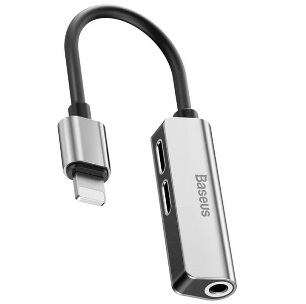 Baseus L52 adaptér Lightning na 2× Lightning + 3,5 mm Jack, strieborný (CALL52-S1)