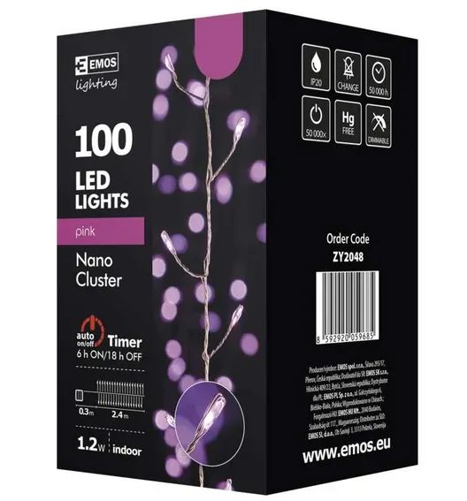LED vánoční nano řetěz – strapec, 2,4m, růžová, časovač