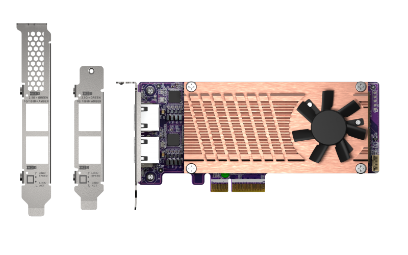 QNAP QM2 series, 2 x PCIe 2280 M.2 SSD slots, PCIe Gen3 x 4 , 2 x  Intel I225LM 2.5GbE NBASE-T port
