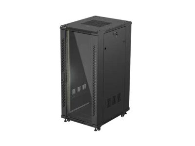 19" Volně stojící racková skříň 27u/600x800 (flat pack) s prosklenými dveřmi černá lanberg