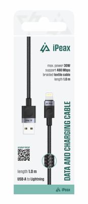 Textilný kábel usb-a / lightning 1M, usb 2.0 čierny