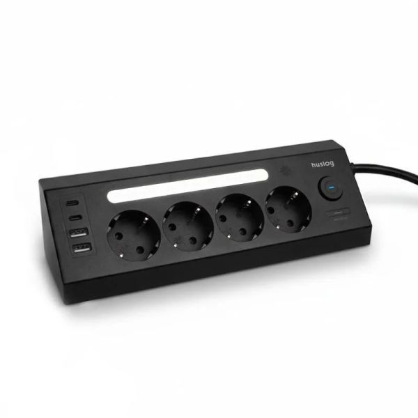 Nabíjacia stanica Huslog 15W 4xzásuvka, 2xUSB-C, 2xUSB, 1x LED svetlo čierna