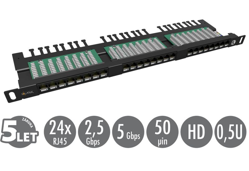 19" patch panel Solarix 24xRJ45 CAT5E UTP s vyvazovací lištou černý 0,5U SX24HD-5E-UTP-BK
