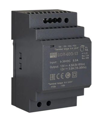 MEANWELL - DDR-60G-12 - Priemyselný menič napätia z 9-36V na 12V 60W na DIN
