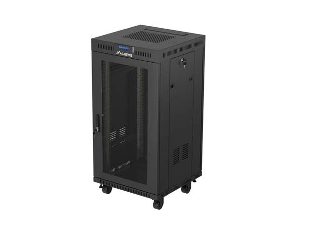 19" Volně stojící racková skříň 22u/600x600 (flat pack) se síťovými dveřmi lcd černá lanberg V2
