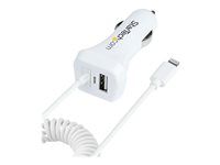 Startech Lightning Car Charger with 1m Coiled Lightning Cable, 12W, White, 2 Port USB Car Charger Adapter for Phones and Tablets, In Car Apple iPhone/iPad Charger w/ Built-in Cord - Dual USB Car Charger (USBLT2PCARW2) - Napájecí adaptér do auta - 12 watt - 4.2 A - 2 výstupní konektory (USB, Lightning) - bílá