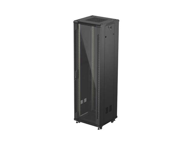 19" Volně stojící racková skříň 42u/600x600 (flat pack) s prosklenými dveřmi černá lanberg