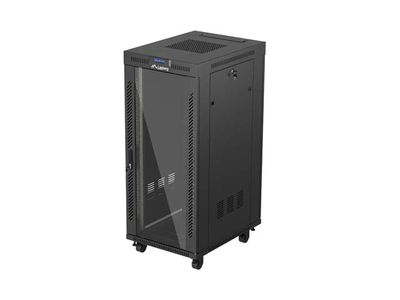 19" Volně stojící racková skříň 27u/600x800 (flat pack) s prosklenými dveřmi lcd černá lanberg V2