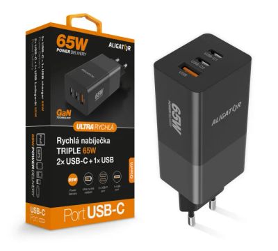 Aligator nabíječka PD65W, 2USB-C, 1xUSB-A, černá