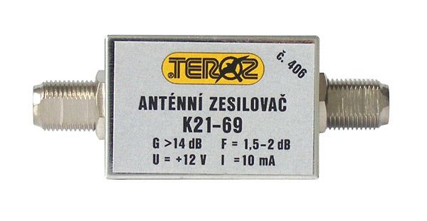 Anténní zesilovač TEROZ 406X, nízkošumový, UHF, G14dB, F1,5dB, U98dBµV, F-F