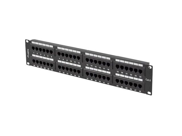 Patch panel 48 portů 2U 19" CAT.6 utp černý lanberg