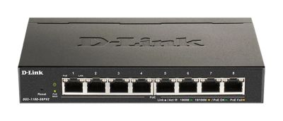 D-Link DGS-1100-08PV2 Smart Switch, 8x 1000Base-T 802.3at PoE, 64W PoE budget, Fanless