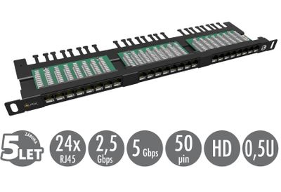 19" patch panel Solarix 24xRJ45 CAT5E UTP s vyvazovací lištou černý 0,5U SX24HD-5E-UTP-BK