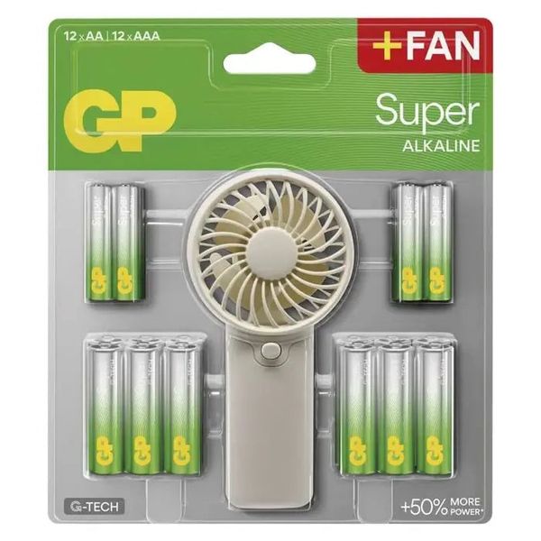 Baterie AA/AAA alkalická GP Super 24ks + ruční ventilátor