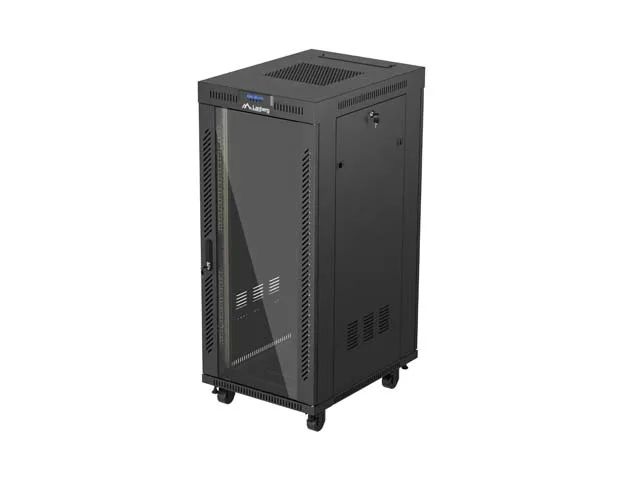 19" Volně stojící racková skříň 27u/600x800 (flat pack) s prosklenými dveřmi lcd černá lanberg V2