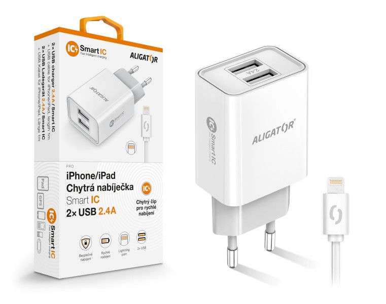 Chytrá síťová nabíječka ALIGATOR 2,4A, 2xUSB, smart IC, bílá, USB kabel pro iPhone/iPad