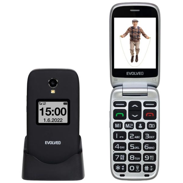 EVOLVEO EasyPhone FS, vyklápěcí telefon 2.8" pro seniory s nabíjecím stojánkem (černá barva)