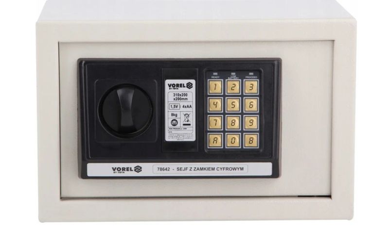 VOREL Elektronický sejf/trezor, 31 × 20 × 20 cm – digitální zámek, nouzové otevírání, šedý