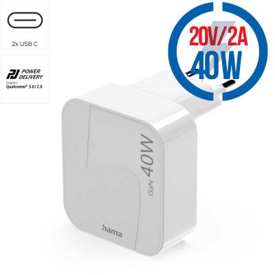 HAMA GaN, Rychlonabíječka, 2x USB-C PD/QC, 40W, bílá