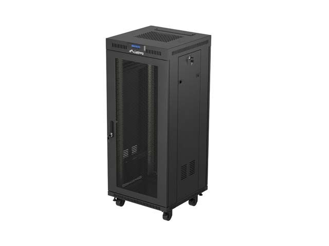 19" Volně stojící racková skříň 27u/600x600 (flat pack) se síťovanými dveřmi lcd černá lanberg V2
