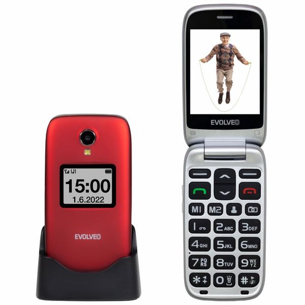 EVOLVEO EasyPhone FS, vyklápěcí telefon 2.8" pro seniory s nabíjecím stojánkem (červená barva)