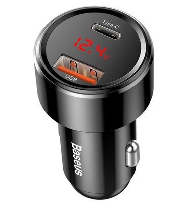 Baseus nabíječka do auta Magic USB-C PD, USB-A 45W s displejem černá