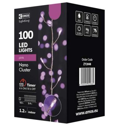 LED vánoční nano řetěz – strapec, 2,4m, růžová, časovač