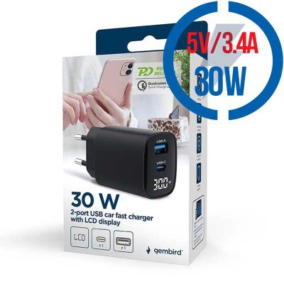 GEMBIRD Nabíječka, USB/USB-C, 30W, černá